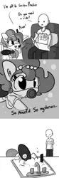 Size: 1650x4950 | Tagged: safe, artist:tjpones, derpibooru import, oc, oc:brownie bun, oc:richard, unofficial characters only, earth pony, human, pony, horse wife, clothes, comic, couch, dialogue, diving, ear fluff, female, grayscale, human male, kitchen sink, male, mare, monochrome, newspaper, pun, scuba, scuba diving, scuba gear, scuba mask, shirt, silly, silly pony, simple background, sink, sitting, snorkel, white background