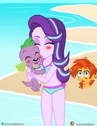 Size: 3090x4000 | Tagged: safe, artist:dieart77, derpibooru import, spike, starlight glimmer, sunburst, dog, equestria girls, beach, belly button, bikini, blushing, breasts, buried in sand, cleavage, clothes, commission, equestria girls-ified, eyes closed, female, kissing, male, patreon, patreon logo, shipping, sparlight, spike the dog, straight, swimsuit