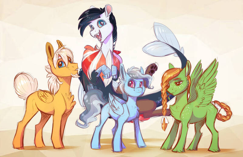 Size: 1280x830 | Tagged: safe, artist:vindhov, derpibooru import, oc, oc:bumble, oc:haywire, oc:silver lining, oc:snap apple, unofficial characters only, draconequus, pegasus, pony, braid, braided tail, colt, draconequus oc, facial hair, female, filly, foal, goatee, interspecies offspring, male, next generation, offspring, parent:applejack, parent:discord, parent:fluttershy, parent:ponet, parent:rainbow dash, parent:soarin', parents:discodash, parents:ponetshy, parents:soarinjack, parents:windash, quartet, simple background, tail fin