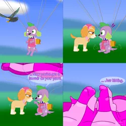 Size: 2001x2001 | Tagged: safe, artist:phallen1, derpibooru import, spike, spike the regular dog, bird, dog, roc, equestria girls, angry, bared teeth, clothes, comic, covered, falling, goggles, jacket, jetpack, landing, nose to nose, parachute, paw patrol, pointing, skye (paw patrol), spike's dog collar, the simpsons