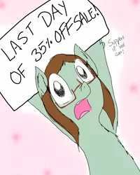 Size: 3200x4000 | Tagged: safe, artist:princessmuffinart, derpibooru import, oc, pony, asking for help, female, glasses, holding sign, looking at you, mare, ponified artist, ponysona, sale, store, teepublic sale