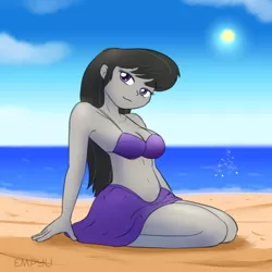 Size: 1000x1000 | Tagged: suggestive, artist:empyu, derpibooru import, octavia melody, equestria girls, 30 minute art challenge, beach, beautiful, breasts, clothes, female, looking at you, miniskirt, ocean, sand, skirt, sky, smiling, smirk, solo, solo female, sun, swimsuit