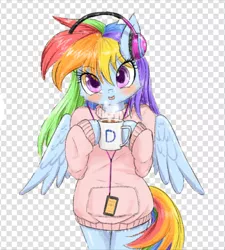 Size: 1018x1132 | Tagged: safe, artist:phoenixperegrine, derpibooru import, edit, rainbow dash, anthro, pegasus, :p, abstract background, alpha channel, arm hooves, blushing, clothes, coffee, coffee mug, cute, dashabetes, female, headphones, hoodie, hoof hands, hoof hold, looking at you, mare, mug, solo, sweater, tongue out
