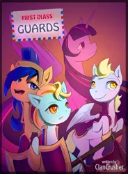 Size: 624x850 | Tagged: safe, artist:oneofyouare, derpibooru import, derpy hooves, flash sentry, lightning dust, twilight sparkle, alicorn, pegasus, pony, fanfic, fanfic:first class guards, cover, cover art, fanfic art, fanfic cover, female, flare warden, guard, mare, rule 63, story in the source