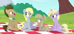 Size: 4308x1968 | Tagged: safe, artist:velveagicsentryyt, derpibooru import, derpy hooves, dinky hooves, doctor whooves, time turner, oc, oc:muffinyves, pegasus, pony, doctor whooves gets all the assistants, doctorderpy, family, female, filly, male, offspring, older, parent:derpy hooves, parent:doctor whooves, parents:doctorderpy, picnic blanket, shipping, straight