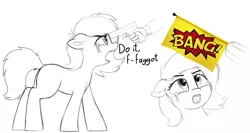 Size: 3360x1789 | Tagged: semi-grimdark, artist:smoldix, derpibooru import, edit, oc, oc:anon, oc:anonfilly, unofficial characters only, pony, attempted suicide, bang, crying, depression, do it, do it faggot, ear fluff, exclamation point, faggot, female, filly, glock, glock 17, gun, handgun, open mouth, pistol, prank, simple background, sketch, toy gun, vulgar, weapon, white background