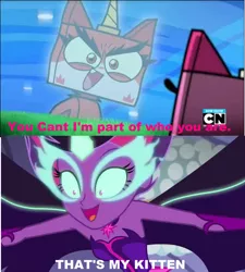 Size: 1024x1139 | Tagged: safe, artist:brandonale, derpibooru import, screencap, twilight sparkle, equestria girls, legend of everfree, angry, angry kitty, crossover, lego, meme, midnight sparkle, tara strong, that's my x, the lego movie, unikitty, unikitty! (tv series), voice actor joke