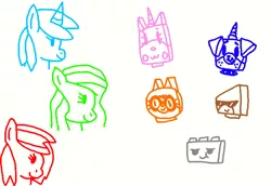 Size: 647x445 | Tagged: safe, artist:worldofcaitlyn, derpibooru import, ponified, pony, crossover, deviantart muro, dr. fox, gamecube, hawkodile, lego, lineart, playstation, puppycorn, request, richard, the lego movie, unikitty, unikitty! (tv series), xbox