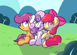 Size: 1810x1280 | Tagged: safe, artist:vaetan, derpibooru import, apple bloom, scootaloo, sweetie belle, earth pony, pegasus, pony, unicorn, adorabloom, bow, bush, colored pupils, cute, cutealoo, cutie mark crusaders, diasweetes, female, filly, happy, hill, looking at you, one eye closed, open mouth, sitting, smiling