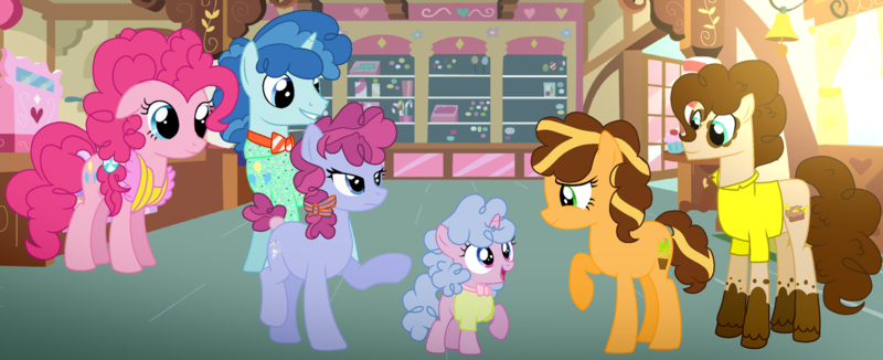 Size: 1280x521 | Tagged: safe, artist:fixca1987, derpibooru import, party favor, pinkie pie, oc, oc:cheesing cake, oc:funnies caramel, oc:party pir, oc:pink lav, earth pony, pony, unicorn, female, filly, half-siblings, male, offspring, parent:cheese sandwich, parent:party favor, parent:pinkie pie, parents:cheesepie, parents:partypie, partypie, pinkie pie gets all the stallions, shipping, straight, teenager