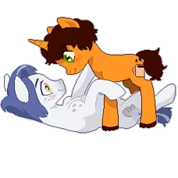 Size: 300x300 | Tagged: safe, artist:atlantropa, derpibooru import, oc, oc:paid postage, oc:triple shot, earth pony, pony, unicorn, blue, blue hair, blushing, boyfriend, brown, brown hair, brown mane, brunette, commission, couple, cuddling, curls, curly hair, curly mane, curly tail, fluffy, food, freckles, fullbody, hooves, looking at each other, love, lying down, male, on back, orange, pixel art, ponysona, romance, romantic, shipping, short hair, short mane, short tail, simple background, smiling, special somepony, spots, spotted, stallion, standing, transparent background, white
