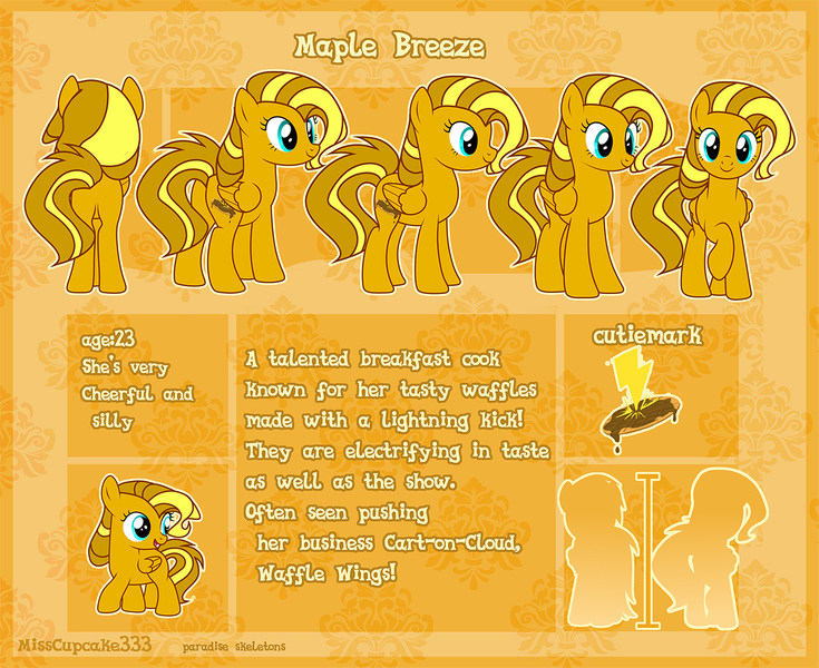 Size: 1280x1045 | Tagged: safe, artist:paradiseskeletons, derpibooru import, oc, oc:maple breeze, pony, commission, female, food, reference sheet, waffle, ych result