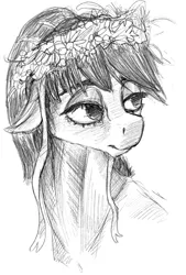 Size: 573x848 | Tagged: safe, artist:systemf4ilure, derpibooru import, oc, oc:sydney, pony, bust, floral head wreath, flower, male, monochrome, portrait, solo, stallion, traditional art