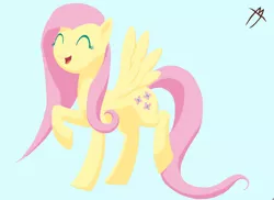 Size: 2200x1600 | Tagged: safe, artist:lord-destrustor, derpibooru import, fluttershy, pegasus, pony, blue background, cutie mark, eyes closed, female, hooves, lineless, mare, open mouth, raised hoof, simple background, smiling, solo, spread wings, wings