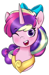 Size: 750x1139 | Tagged: safe, artist:pixelbombpop, derpibooru import, princess cadance, pony, bow, bust, collar, cute, cutedance, hair bow, jewelry, one eye closed, open mouth, peytral, portrait, simple background, solo, teen princess cadance, transparent background, wink