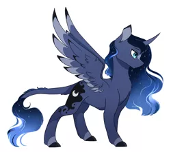 Size: 1280x1129 | Tagged: safe, artist:lattefox3, derpibooru import, princess luna, alicorn, pony, alternate design, chest fluff, colored ears, colored hooves, colored wings, colored wingtips, curved horn, cute, ethereal mane, female, horn, leonine tail, lunabetes, mare, multicolored wings, profile, redesign, solo, starry mane, tail fluff, wing fluff, wings