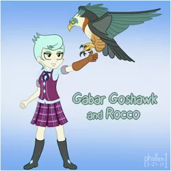 Size: 1500x1500 | Tagged: safe, artist:phallen1, derpibooru import, oc, oc:gabar goshawk, oc:rocco, bird, roc, equestria girls, boots, clothes, crystal prep academy uniform, cute, equestria girls oc, equestria girls-ified, eyeshadow, falconry, flying, gloves, landing, lipstick, makeup, pet oc, pleated skirt, school uniform, shoes, simple background, skirt