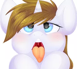 Size: 931x839 | Tagged: suggestive, artist:donutnerd, derpibooru import, oc, unofficial characters only, pony, unicorn, ahegao, blue eyes, blushing, brown mane, drool, female, looking at you, mare, open mouth, solo, tongue out, white coat