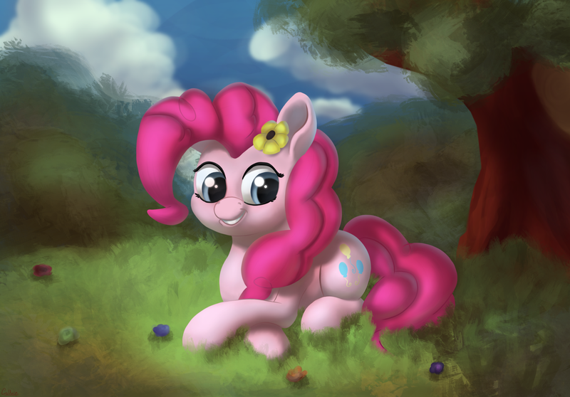Size: 3896x2718 | Tagged: safe, artist:coldmix, derpibooru import, pinkie pie, earth pony, pony, cloud, cute, diapinkes, female, flower, flower in hair, mare, prone, sky, smiling, solo, tree