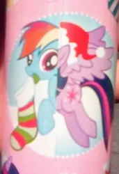 Size: 1115x1634 | Tagged: safe, derpibooru import, rainbow dash, twilight sparkle, twilight sparkle (alicorn), alicorn, pegasus, pony, christmas, cutie mark, gift wrap, hat, holiday, looking at you, mouth hold, santa hat, sock, spread wings, this isn't even my final form, wat, wings