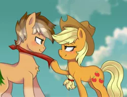 Size: 3906x3000 | Tagged: safe, artist:angelbeat-drift, artist:spackle, derpibooru import, applejack, oc, oc:buck evergreen, earth pony, pony, bandana, bedroom eyes, blushing, canon x oc, clothes, cloud, collaboration, couple, cowboy hat, female, hat, hoof hold, looking at each other, male, mare, markings, ponytail, pulling, sky, smiling, stallion, wingding eyes