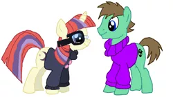 Size: 1920x1080 | Tagged: safe, artist:ianpony98, derpibooru import, moondancer, oc, oc:ian, pony, buttons, canon x oc, clothes, glasses, sweater