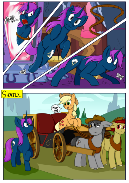 Size: 955x1350 | Tagged: safe, artist:teabucket, deleted from derpibooru, derpibooru import, applejack, oc, ponified, earth pony, pony, unicorn, equestria girls, comic, equestria girls ponified, female, horse drawn carriage, lasso, male, mare, portal, rope