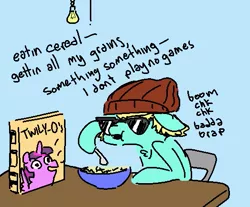 Size: 523x434 | Tagged: alicorn, artist:adwrynn, artist:nobody, beanie, bowl, cereal, derpibooru import, dialogue, food, hat, oc, oc:rapper mare, rapping, recolor, safe, spoon, sunglasses, twilight sparkle, twilight sparkle (alicorn)