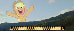 Size: 1443x604 | Tagged: safe, derpibooru import, edit, applejack, pony, 1000 years in photoshop, aaaaaaahhhhh, big enough, female, jimmy barnes, mare, meme, singing, smiling