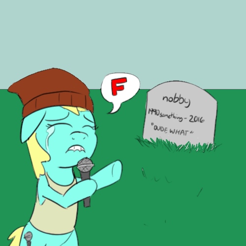 Size: 500x500 | Tagged: safe, artist:adwrynn, artist:unsavorydom, derpibooru import, oc, oc:rapper mare, unofficial characters only, pony, beanie, crying, gravestone, hat, implied death, microphone, press f to pay respects, recolor, solo, speech bubble, tears of sadness
