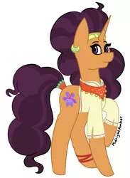 Size: 1403x1916 | Tagged: safe, artist:midnightamber, derpibooru import, saffron masala, pony, unicorn, aside glance, bandana, bracelet, clothes, curly mane, curly tail, cute, ear piercing, earring, female, headband, jewelry, looking at you, mare, multicolored hair, one leg raised, piercing, raised hoof, saffronbetes, shirt, sideways glance, signature, simple background, smiling, solo, white background