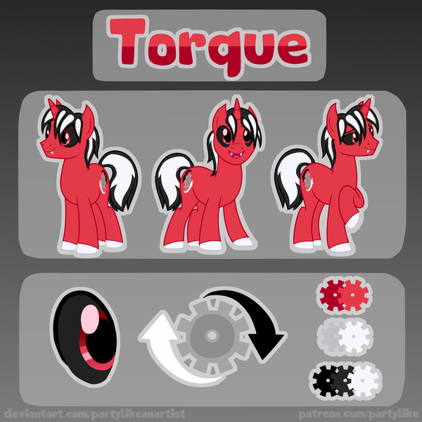 Size: 4000x4000 | Tagged: safe, artist:partylikeanartist, derpibooru import, oc, oc:torque, pony, unicorn, base used, black sclera, cutie mark, fangs, gears, male, reference, reference sheet, simple background, solo, stallion