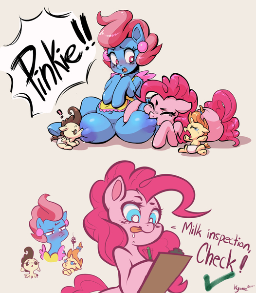 Size: 1137x1296 | Tagged: questionable, artist:rabidpepper, derpibooru import, cup cake, pinkie pie, pound cake, pumpkin cake, earth pony, pegasus, pony, unicorn, baby cakes, annoyed, apron, areola, belly button, big areola, big crotchboobs, blushing, breast milk, breastfeeding, clipboard, clothes, colt, crossed arms, crotchboobs, crying, dialogue, ear piercing, earring, embarrassed, exclamation point, eyes closed, female, filly, foal, funny porn, hoof hold, huge crotchboobs, impossibly large crotchboobs, jewelry, lactation, licking, licking lips, male, mare, milf, milk, nipples, nudity, open mouth, pen, piercing, pinkie being pinkie, simple background, sitting, suckling, surprised, tongue out, yelling