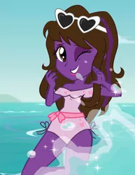 Size: 2550x3300 | Tagged: artist needed, safe, derpibooru import, oc, oc:violet feather, unofficial characters only, human, equestria girls, breasts, cleavage, clothes, equestria girls-ified, female, one-piece swimsuit, solo, swimsuit, vector