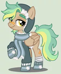 Size: 1024x1243 | Tagged: safe, artist:loveedovey, derpibooru import, oc, oc:golden daze, unofficial characters only, pegasus, pony, clothes, female, jacket, mare, scarf, simple background, solo