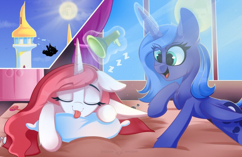 Size: 2362x1535 | Tagged: safe, artist:shadowreindeer, derpibooru import, princess celestia, princess luna, alicorn, pony, :p, bed, canterlot castle, defenestration, duo, female, joke, magic, mare, megaphone, onomatopoeia, pillow, pink-mane celestia, prank, royal sisters, s1 luna, siblings, silly, sisters, sleeping, sound effects, telekinesis, this ended in pain, this will end in deafness, this will end in tears and/or a journey to the moon, tongue out, trolluna, zzz