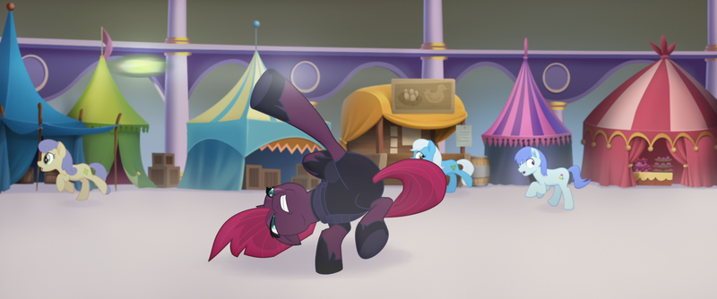 Size: 1920x802 | Tagged: safe, derpibooru import, screencap, tempest shadow, unnamed character, unnamed pony, pony, my little pony: the movie, acrobatics, armor, background pony, broken horn, canterlot, eye scar, female, friendship festival, galloping, hoof shoes, horn, jumping, male, mare, market, mohawk, obsidian orb, running, scar, stallion, underhoof