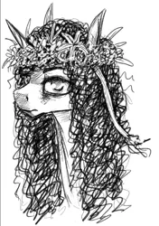 Size: 582x826 | Tagged: safe, artist:systemf4ilure, derpibooru import, oc, oc:carmine c. cerise, pony, unicorn, bust, female, floral head wreath, flower, mare, monochrome, portrait, solo, traditional art