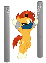 Size: 1055x1457 | Tagged: suggestive, artist:darkstorm619, derpibooru import, sunburst, pony, unicorn, bondage, bound and gagged, captured, chains, cloth gag, cuffs, gag, horn, horn ring, magic suppression, male, malesub, ring, shackles, show accurate, simple background, solo, solo male, submissive, transparent background