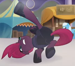 Size: 670x591 | Tagged: safe, derpibooru import, screencap, tempest shadow, unnamed character, unnamed pony, earth pony, pony, unicorn, my little pony: the movie, acrobatics, background pony, broken horn, cropped, eye scar, female, horn, kicking, mare, scar, solo focus, underhoof