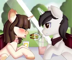 Size: 2893x2418 | Tagged: safe, artist:xcinnamon-twistx, derpibooru import, oc, oc:adostume, oc:nicolash, unofficial characters only, pony, unicorn, blushing, contest entry, couple, fast food, female, food, glasses, magic, male, mare, stallion, telekinesis