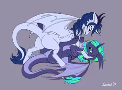 Size: 2830x2088 | Tagged: safe, artist:lunebat, derpibooru import, oc, oc:prince nova, oc:star gazer, unofficial characters only, dracony, dragon, hybrid, pony, butt, dragon oc, dragonified, duo, female, horn, male, plot, species swap, wings