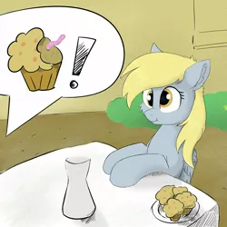 Size: 1658x1656 | Tagged: artist:d.w.h.cn, baked bads, derpibooru import, derpy hooves, food, muffin, safe, scrunchy face, speech bubble, table, worm