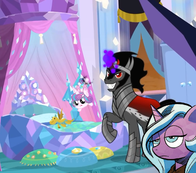 Size: 812x718 | Tagged: safe, artist:andypriceart, derpibooru import, edit, edited screencap, idw, screencap, king sombra, princess flurry heart, radiant hope, alicorn, crystal pony, pony, unicorn, season 9, the beginning of the end, spoiler:comic37, spoiler:s09, bed, bedroom, crystal ball, dark magic, evil grin, female, filly, grin, grogar's orb, magic, open mouth, radiant hope is indifferent to your misery, reaction image, smiling, telekinesis, unamused, upset