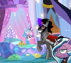 Size: 812x718 | Tagged: safe, artist:andypriceart, derpibooru import, edit, edited screencap, idw, screencap, king sombra, princess flurry heart, radiant hope, alicorn, crystal pony, pony, unicorn, season 9, the beginning of the end, spoiler:comic37, spoiler:s09, bed, bedroom, crystal ball, dark magic, evil grin, female, filly, grin, grogar's orb, magic, open mouth, radiant hope is indifferent to your misery, reaction image, smiling, telekinesis, unamused, upset