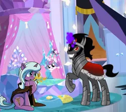 Size: 812x718 | Tagged: safe, artist:andypriceart, derpibooru import, edit, edited screencap, idw, screencap, king sombra, princess flurry heart, radiant hope, alicorn, crystal pony, pony, unicorn, the beginning of the end, spoiler:comic, bed, bedroom, cloak, clothes, crystal ball, dark magic, evil grin, female, filly, grin, grogar's orb, magic, open mouth, smiling, telekinesis, unamused