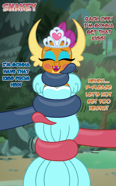 Size: 768x1224 | Tagged: questionable, artist:snakeythingy, derpibooru import, smolder, serpent, snake, argument, coiling, coils, dialogue, princess smolder, story included, sweat, tugging
