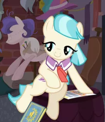 Size: 772x895 | Tagged: safe, derpibooru import, screencap, coco pommel, pony, made in manehattan, cropped, flyer, lidded eyes, scrapbook, sitting, smiling, solo