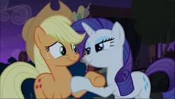 Size: 1669x939 | Tagged: safe, derpibooru import, screencap, applejack, rarity, earth pony, pony, unicorn, made in manehattan, cropped, duo, female, freckles, holding hooves, lidded eyes, looking at each other, mare, raised hoof, smiling, underhoof