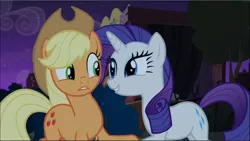 Size: 1669x941 | Tagged: safe, derpibooru import, screencap, applejack, rarity, earth pony, pony, unicorn, made in manehattan, applejack's hat, cowboy hat, cropped, duo, excited, female, hat, looking at each other, mare, raised hoof, smiling